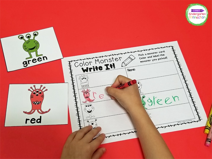 In this color words activity, students pick a card, find its matching monster on their paper, color it the correct color and label it to match.