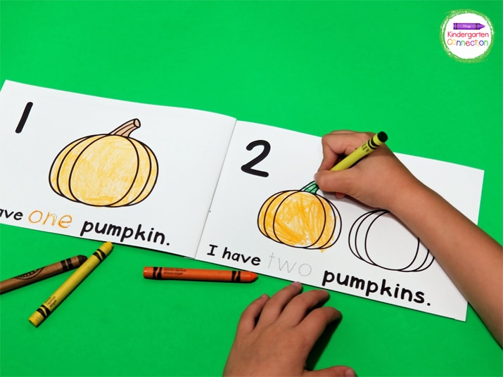 Coloring the fun pumpkin pictures is great practice for fine motor skills.