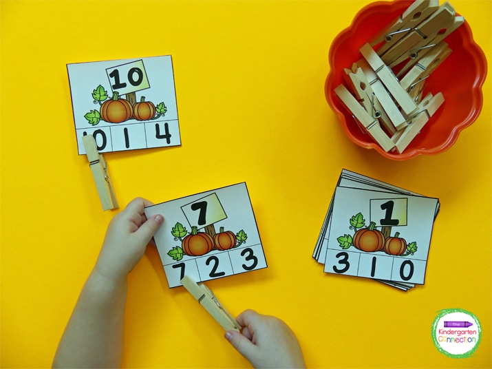 Students identify the number on the top of the card and find and clip the matching number on the bottom!