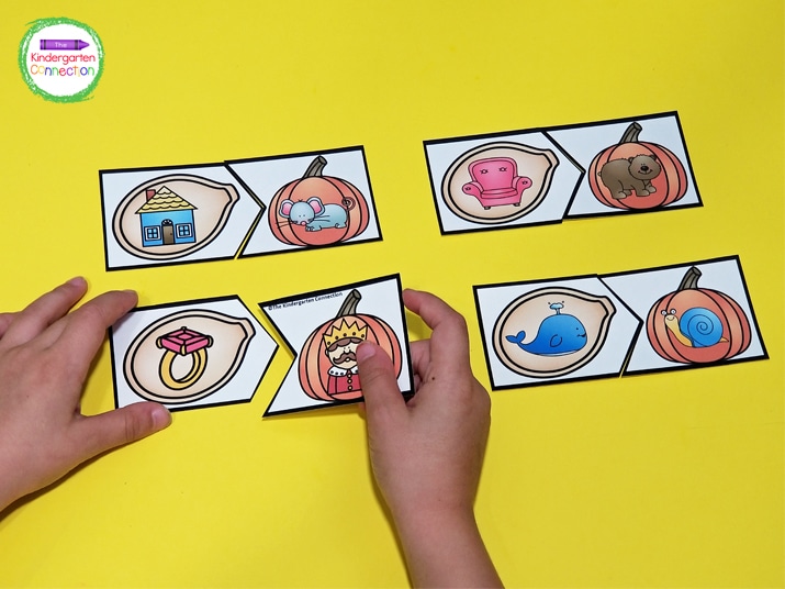 Print the rhyming puzzles on cardstock and laminate for durability and reuse.