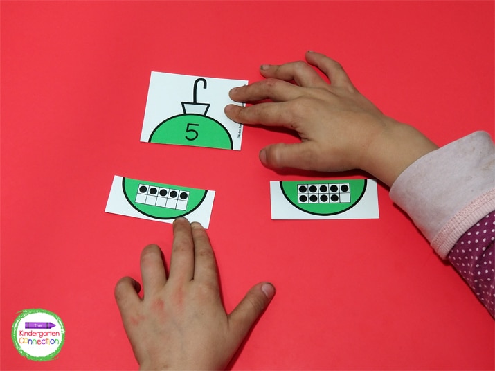 Print, laminate, and cut the ornaments in half for an easy-prep holiday math center.