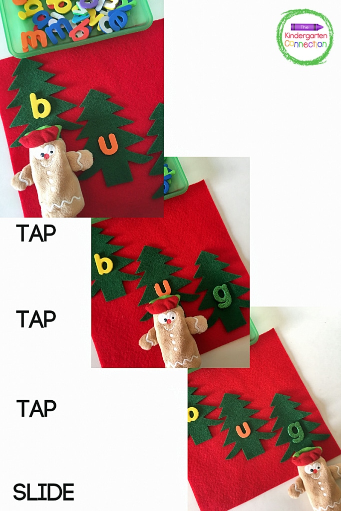 Tap each letter with the puppet and then slide down the trees saying the whole word.