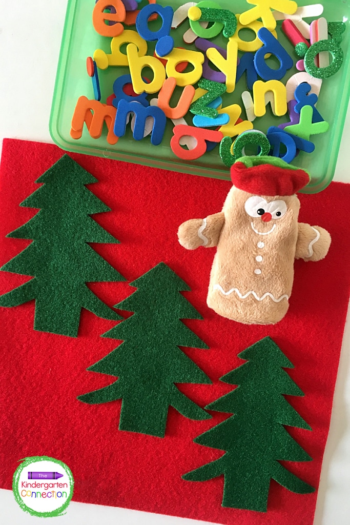 Grab some letters, felt Christmas trees, and a finger puppet for this fun CVC words activity.