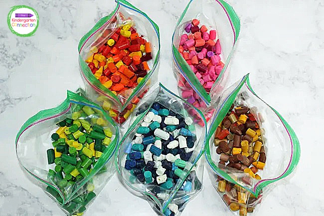 Break crayons into small pieces. Sort by like colors, add to bags, and set aside.