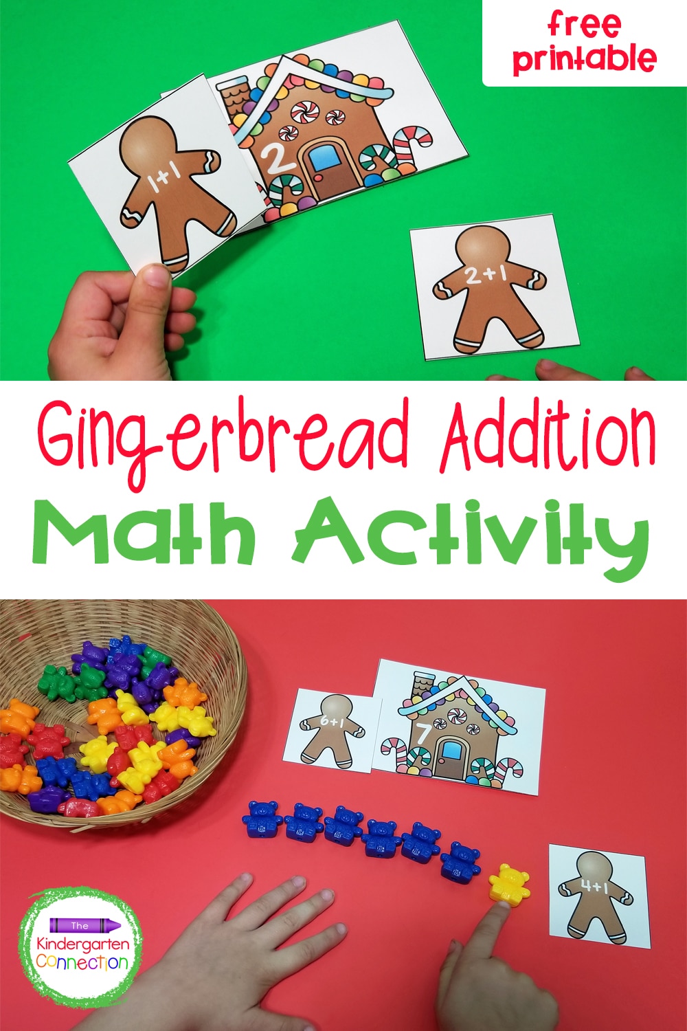 This free printable Gingerbread Addition Game is perfect for hands-on math centers and building fact fluency in Kindergarten!