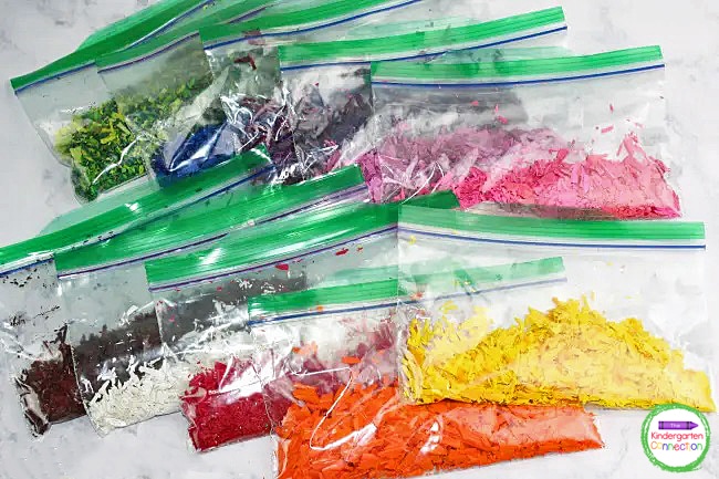 Add like colored crayon shavings to a ziploc bag and set aside.