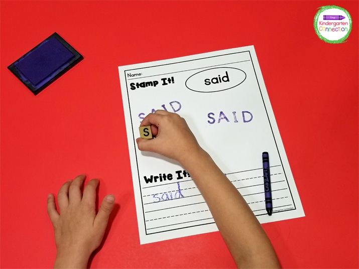Students fill the blank space at the top of the page by stamping the designated sight word.