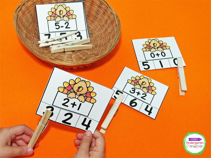 Add some clothespins and the Turkey Math Clip Cards to a basket for a math center or small group activity ready to go!