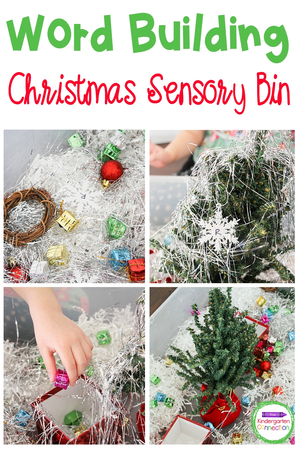 Work on letter identification and early reading skills in Pre-K and Kindergarten with this fun word building Christmas sensory bin!