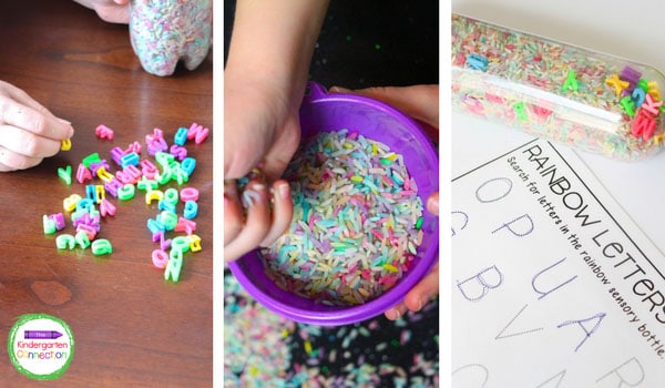 Just grab some sensory filler, a funnel, clear plastic bottle, and alphabet beads for an easy and fun literacy center.