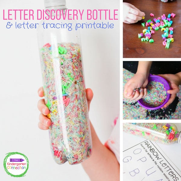 This alphabet sensory bottle is easy to put together with letter beads and rainbow rice.