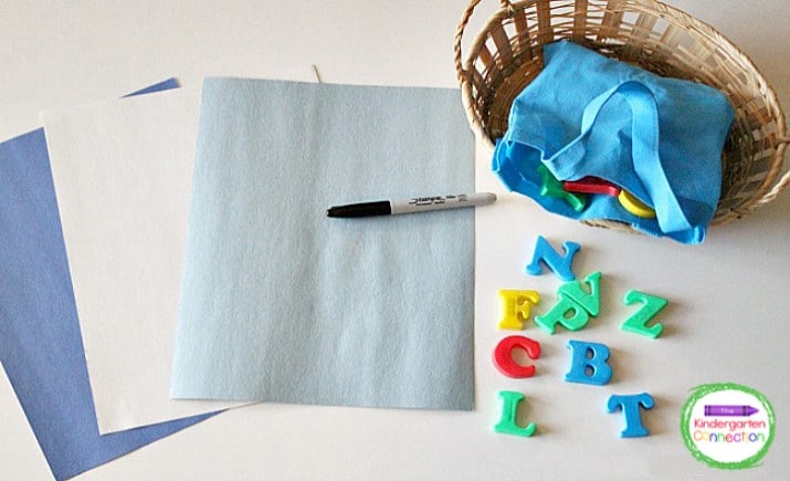 Grab some letter manipulatives, construction paper, and a marker to make this fun alphabet mitten activity!