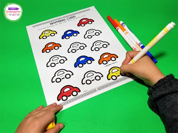 Give students skinny markers to color the rhyming cars to add some extra fun to the activity!