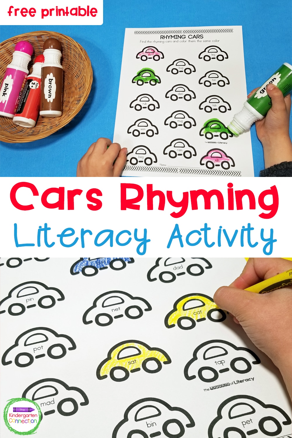 Grab this free printable Cars Rhyming Activity for your Kindergarten literacy centers! Students simply color in the rhyming cars pairs!