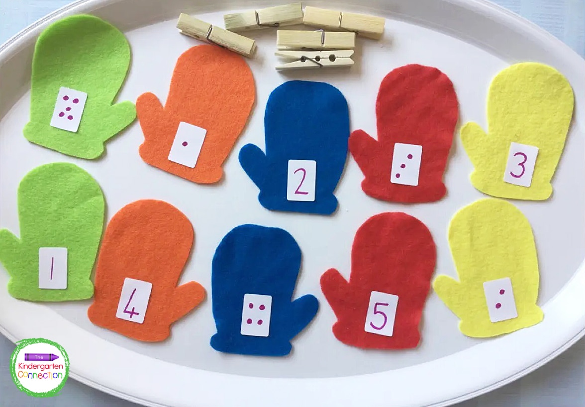Add labels with numbers and dots to the mittens and grab some clothespins for this hands-on number match!