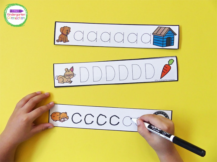 This resource pack includes tracing cards for both uppercase and lowercase letters!