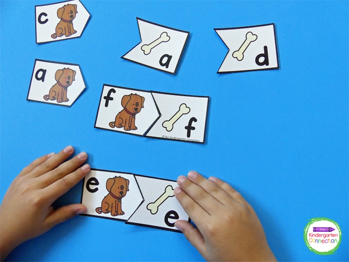 With these alphabet puzzles, students match the dog to its bone by pairing the matching letters.