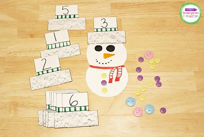 Put Mr. Snowman, his 10 hats, and buttons in a center for children to practice counting and reading numbers.