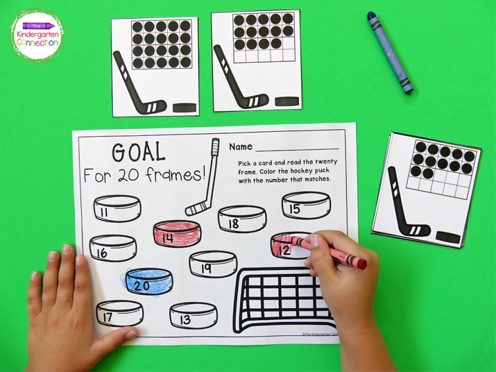 To play this game, students pick a card, read the 20 frame, and color the hockey puck with the number that matches.