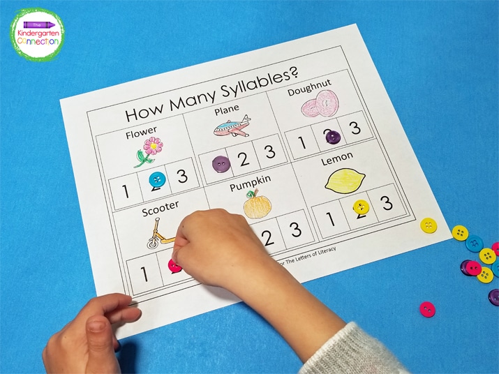 On the printables, each block includes an image, the spelled-out word, and a space to answer how many syllables the word has.