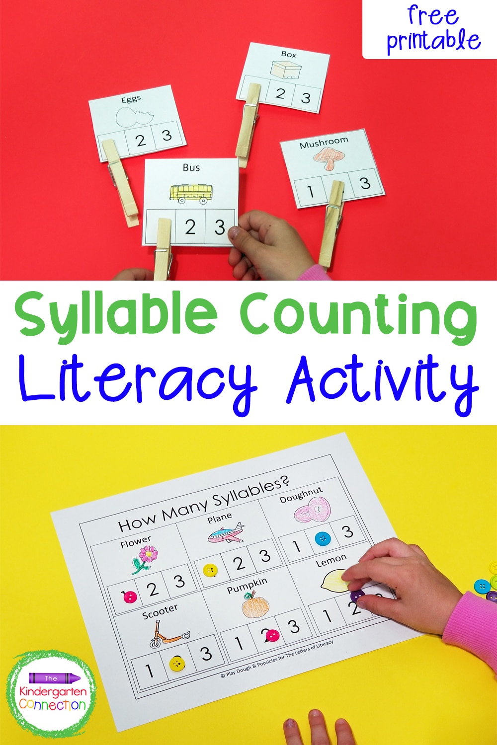 This free Counting Syllables Printable Activity is great for learning syllables and word parts with Kindergarten and 1st grade students!