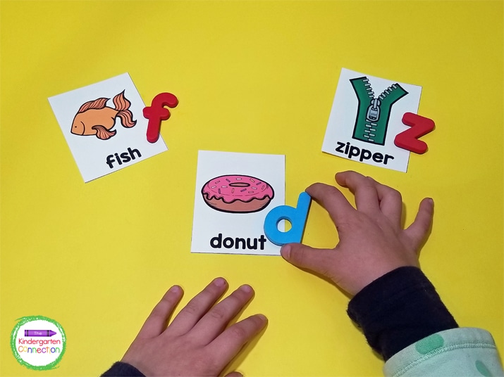 Use the cards and letter manipulatives to identify the beginning sounds and match each card with a letter.