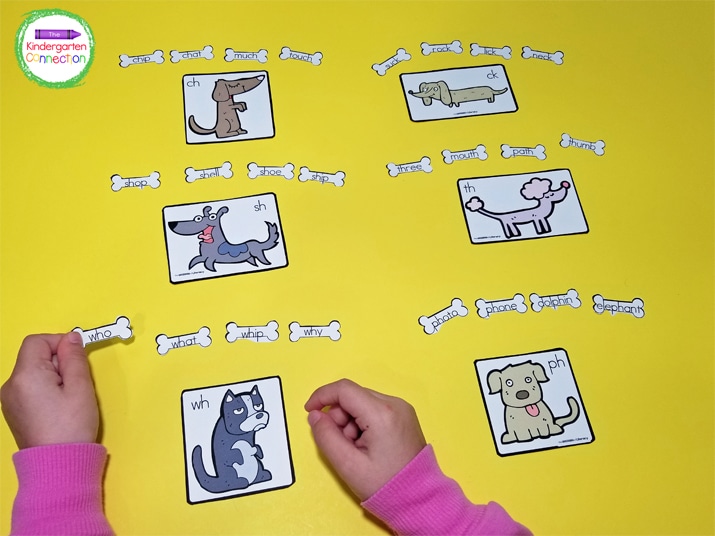 This activity includes 6 digraph dogs with 4 word matches per dog.