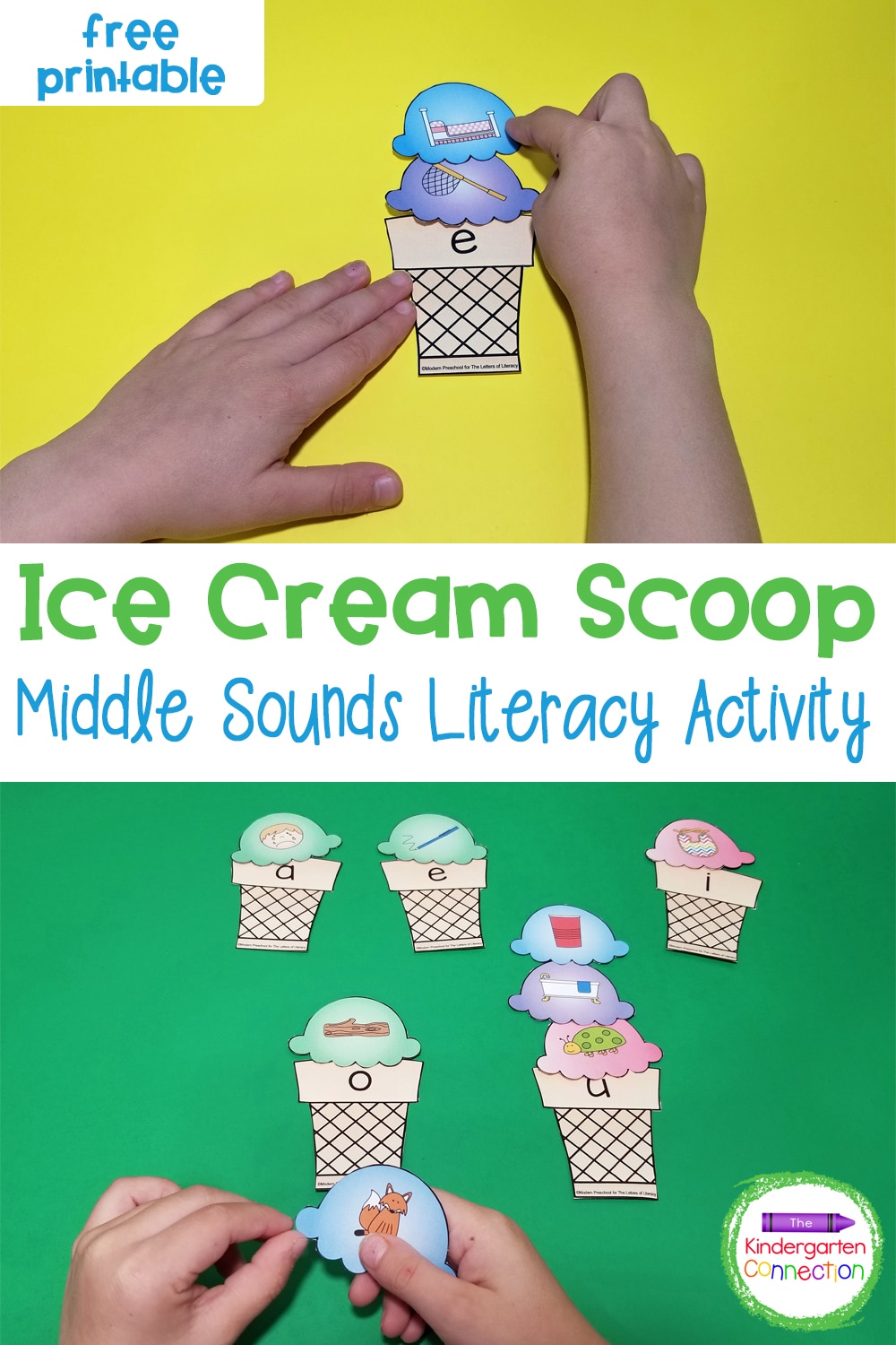 This free Ice Cream Scoop Middle Sounds Sort helps beginning readers work on identifying the middle sounds in simple short vowel CVC words!