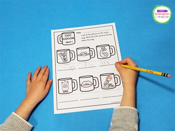In this CVC Cocoa activity, students identify the names of the fun pictures and write the CVC words on the lines below each cocoa cup.