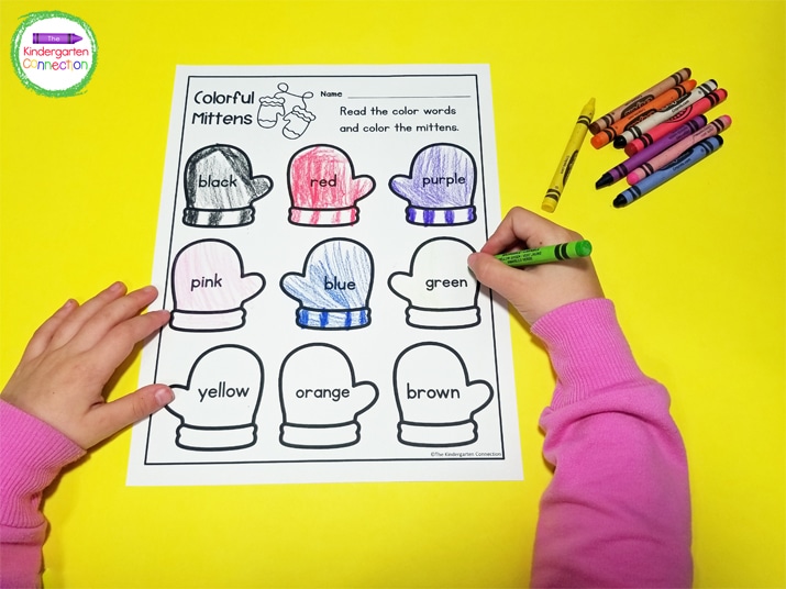 Grab some coloring tools and the kids can have a blast reading color words and strengthening fine motor skills with this Colorful Mittens printable.
