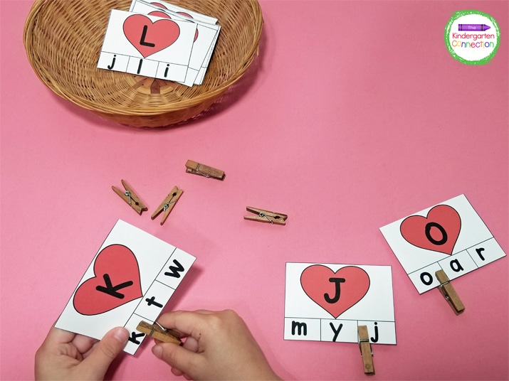 To prep this alphabet match game, simply print, laminate, and cut the clip cards and grab some clothespins.