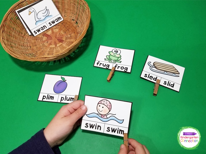 Each clip card has a fun picture and two CCVC words for students to choose from.