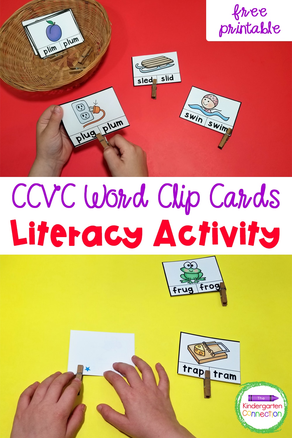 These free printable CCVC Word Clip Cards are great for Kindergarten and 1st grade students working on reading blends and digraphs!