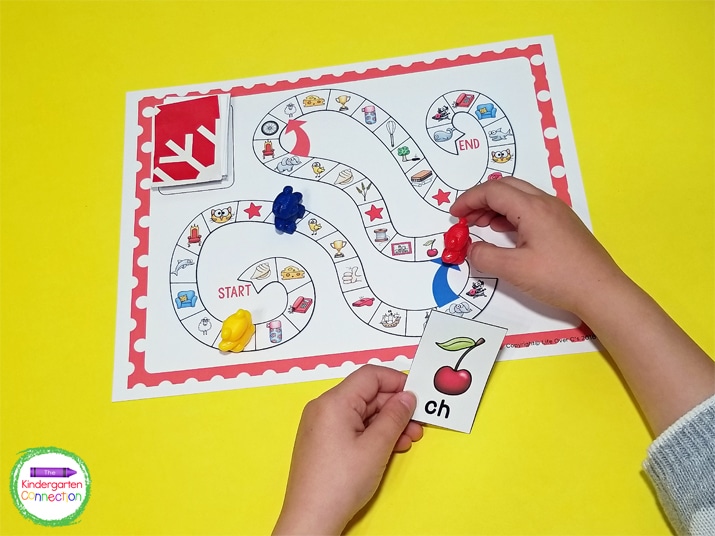 Counting bears work great as game pieces for this printable digraphs board game!