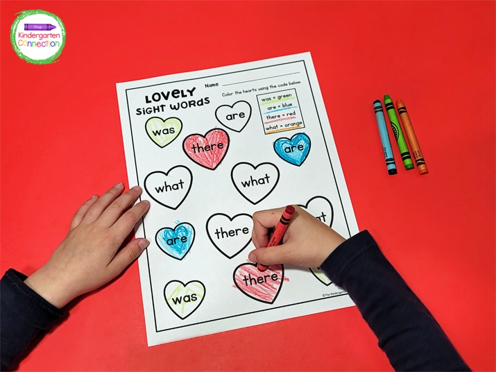 In this activity, students color the sight word hearts (was, are, there, what) using the color key.
