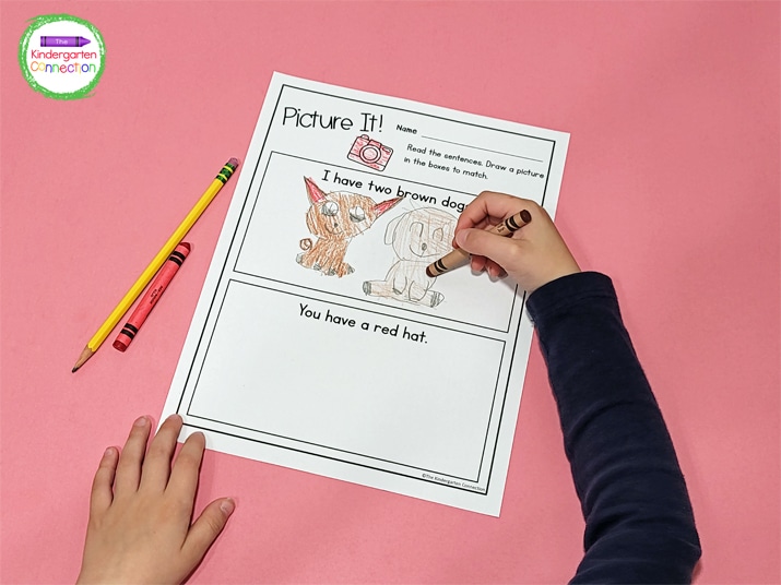 In this literacy activity, students simply read the sentences and draw a picture in the boxes to match.