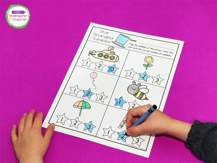Begin this activity by clapping the syllables in the pictures. Color the star with the correct number of syllables!