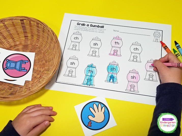 Place the gumball cards in a basket to help keep kids organized in your literacy centers.