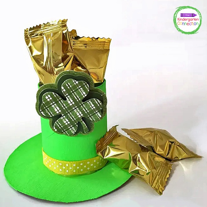 After assembling the hat, add some gold foil-wrapped candies to the inside and you are done!