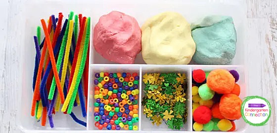 In this rainbow play dough kit I included pipe cleaners, beads, shamrock confetti, and pom poms.