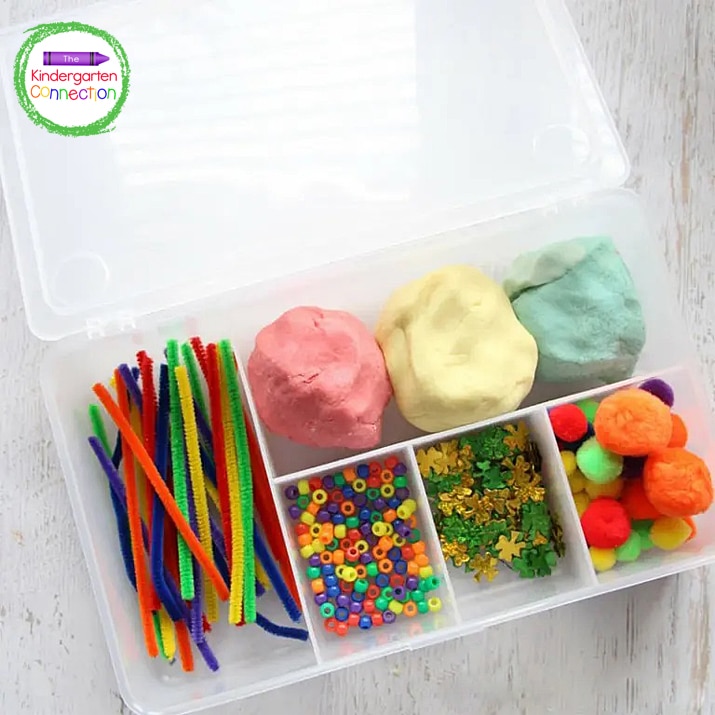 For this rainbow play dough kit, we used our Ikea sectioned container to store our play dough and supplies.