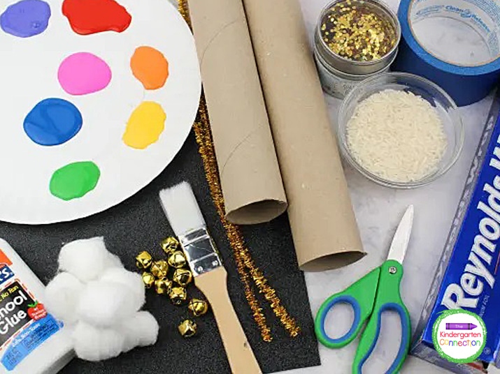 Grab some simple supplies like cardboard tubes, scissors, glue, paint, cotton, glitter, and a few more to make this rain stick craft.