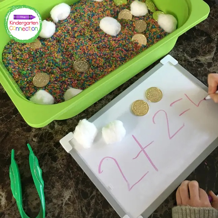 They can add the two numbers together to find the total using the cotton balls and coins to help.