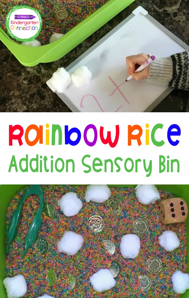 Get hands-on with our St. Patrick’s Day Rainbow Rice Addition Sensory Bin to work on addition equations with your child or student!