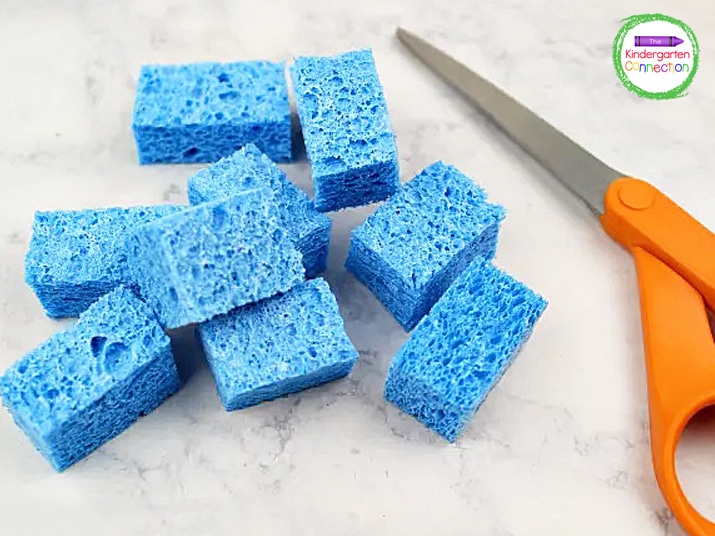 Begin by cutting a square shape from the sponge for each color of the rainbow that you will use.