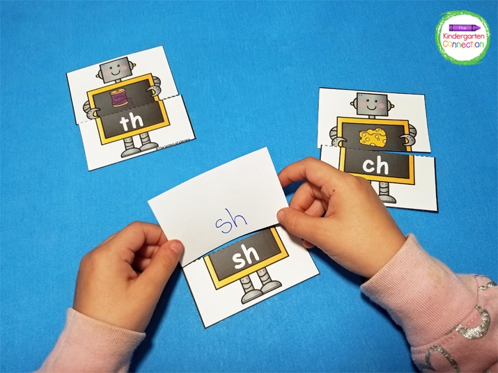 Make these puzzles self-correcting by printing on cardstock and then writing the correct digraph on the back of each picture card.