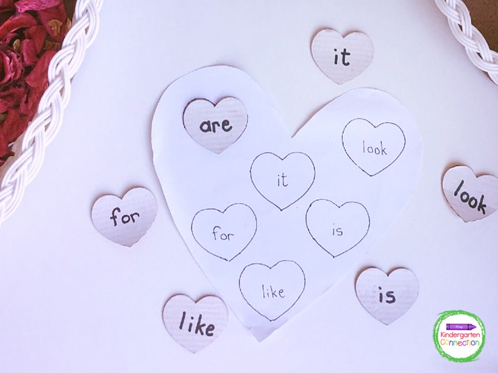 Trace the heart cut-outs onto paper and write sight words in the hearts for students to match up!