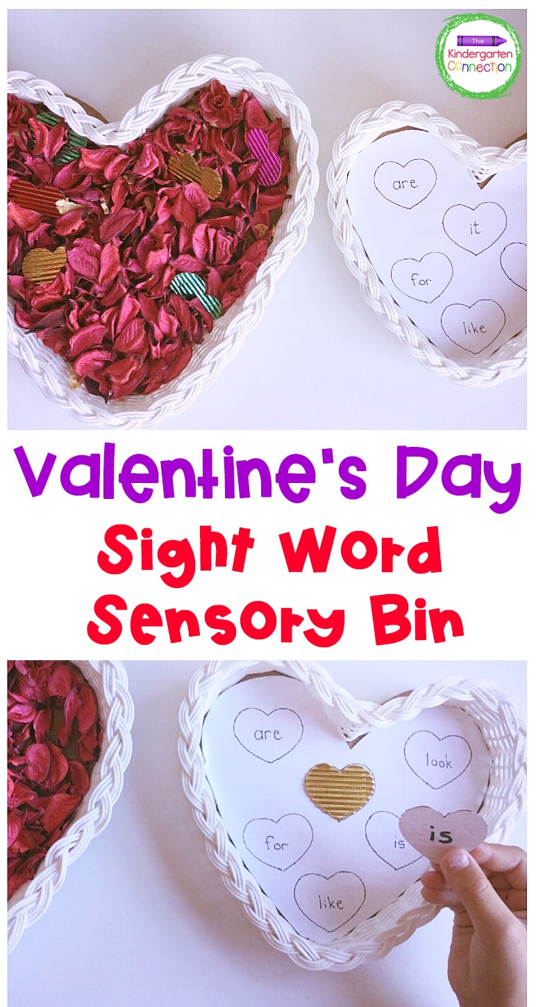 This Heart-Themed Sight Word Search Sensory Bin is a fun activity for your literacy centers or use it at your Valentine's Day class party!