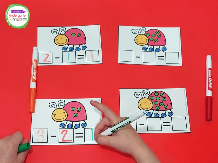 Laminate the bug subtraction cards and students can use dry erase markers to write.