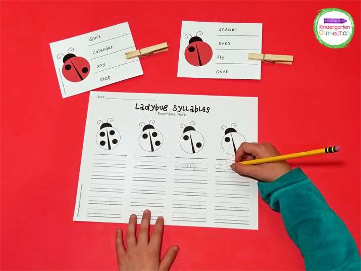 After students find the answer, they write the word on the Ladybug Syllables recording sheet.
